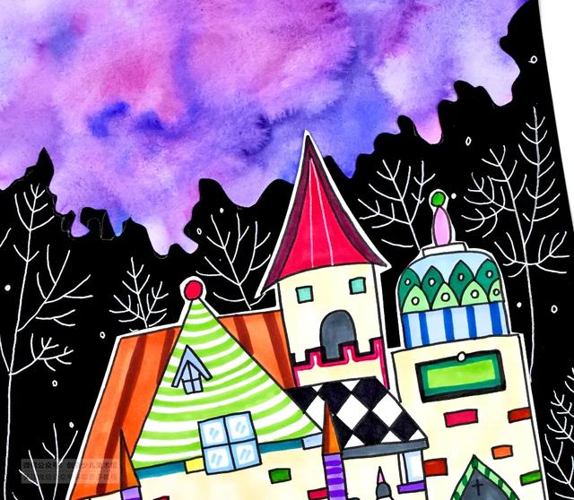 城堡兒童畫簡單又好看（色塊的襯托與畫面氛圍的渲染星空下的夢幻城堡）11
