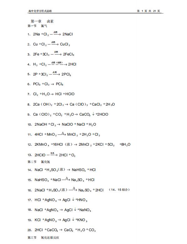 高中化學方程式大全超詳細解析（21頁高中化學368個方程式全彙總）2