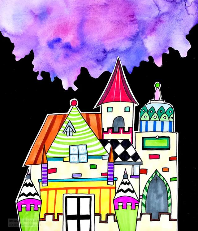 城堡兒童畫簡單又好看（色塊的襯托與畫面氛圍的渲染星空下的夢幻城堡）10