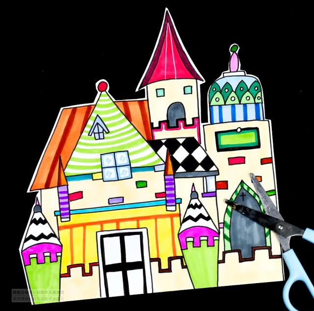 城堡兒童畫簡單又好看（色塊的襯托與畫面氛圍的渲染星空下的夢幻城堡）7